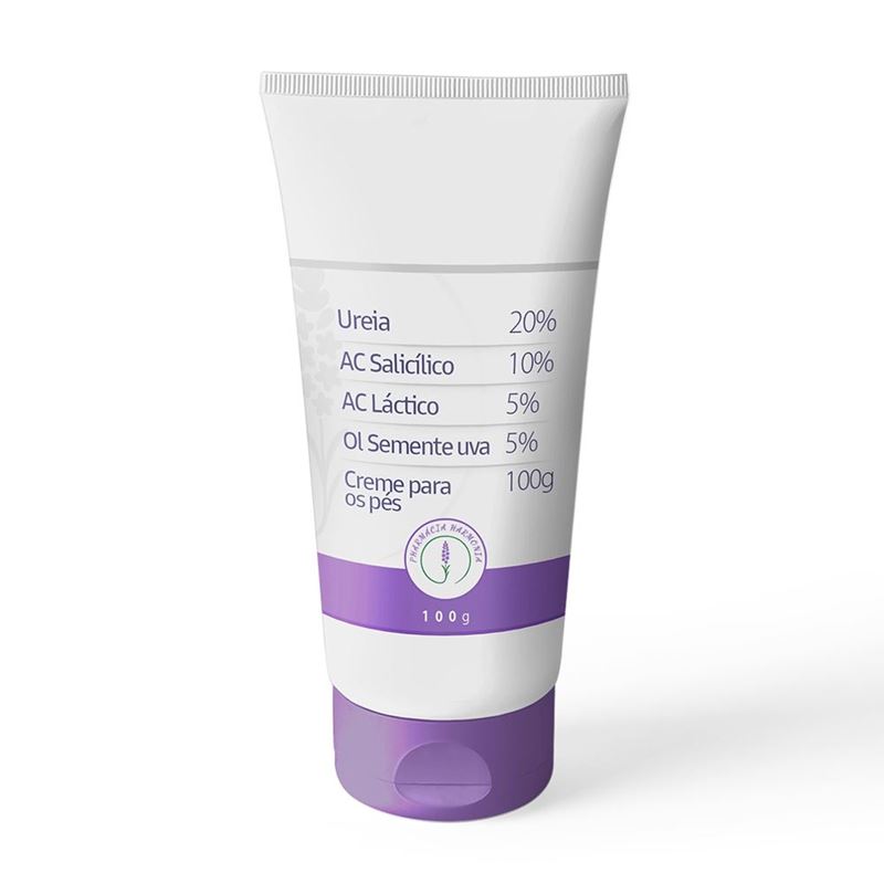 Ureia 20% / Ácido Salicílico 10% / Ácido Láctico 5% / Óleo de Semente de Uva 5% / Creme para os Pés 100g