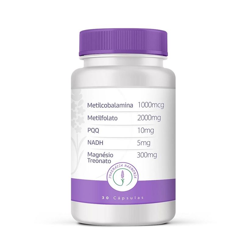 Metilcobalamina 1000mcg / Metilfolato 2000mg / PQQ 10mg / NADH 5mg / Magnésio Treonato 300mg 60 Cápsulas